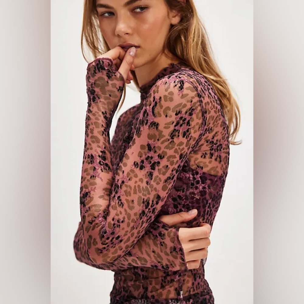 Free People Leopard Print Long Sleeve Top - Purple and Pink
